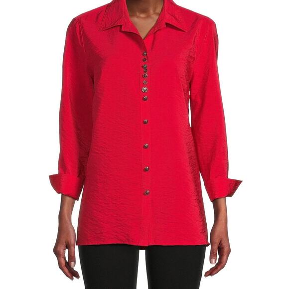 Ali Miles Women's Red Casual Crinkle 3/4 Sleeve Collared Button Front Blouse S - Picture 1 of 11